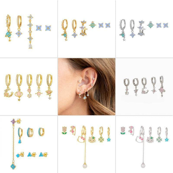 Multi Sets of Blue Flower Pierced Earrings, 4-6pcs, 18k Gold Plated Stud Drop Hoop Huggie Cuff Chain, S925 Needle, Stacked Lobe Designs with Dazzling Zirconia