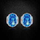 Multicolor Ice Flower Cut Oval CZ Stud Earrings, Blue & Green 7*9mm 8A Cubic Zirconia, S925 Silver Needle, Two-Tone Pave CZ Halo, Dainty Luxe - FITINY Jewelry