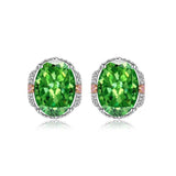 Multicolor Ice Flower Cut Oval CZ Stud Earrings, Blue & Green 7*9mm 8A Cubic Zirconia, S925 Silver Needle, Two-Tone Pave CZ Halo, Dainty Luxe - FITINY Jewelry