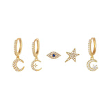 5 Pieces Mystic Moon & Evil Eye Earring Set, 18k Gold Hoop Drop, S925 Needle, Stacked Lobe Designs with Dazzling Zirconia - FITINY Jewelry