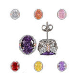 Multicolor Ice Flower Cut Oval CZ Stud Earrings, 7*9mm 8A Cubic Zirconia, S925 Silver Needle, Two-Tone Pave CZ Halo, Dainty Luxe - FITINY Jewelry