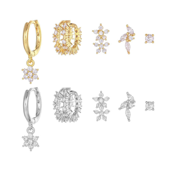 5 Pieces Floral & Geometric Zirconia Earring Set, 18k Gold Plated Studs, Drops & Hoops,  S925 Needle, Stacked Lobe Designs with Dazzling Zirconia