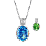 Multicolor Ice Flower Cut Oval CZ Pendant Necklace, Blue & Green 10*14mm 8A Cubic Zirconia, Two-Tone Pave CZ Halo with Pavé Top Frame, Adjustable Chain, Dainty Luxe - FITINY Jewelry