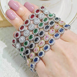 Colorful CZ Halo Tennis Bracelet, Multicolor Gemstone Bridal Jewelry, Unique Pattern Gift for Her, Cubic Zirconia Bridesmaid Bracelet - FITINY Jewelry