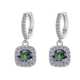 S925 Rainbow Green Moissanite Square Halo Earrings with Pavé-Set Halo & Hoop, 1ct D-Grade VVS1 Round Moissanite with GAR certification, Sterling Silver Earrings - FITINY Jewelry