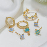 Multi Sets of Blue Flower Pierced Earrings, 4-6pcs, 18k Gold Plated Stud Drop Hoop Huggie Cuff Chain, S925 Needle, Stacked Lobe Designs with Dazzling Zirconia - FITINY Jewelry