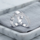 Minimalist Moissanite Couple Rings Set – White Gold Plated Sterling Silver Wedding Bands — lifestyle scene photograph
