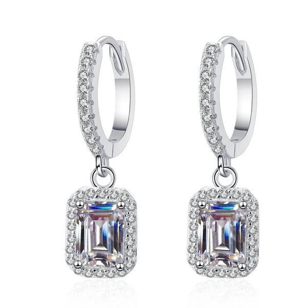 Boucles d'oreilles halo en moissanite taille émeraude S925 avec bande pavée, argent sterling, moissanite blanche rectangulaire 1-2 ct, pendants d'oreilles de fiançailles et de mariage
