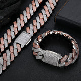 Front view of 20mm two-tone Cuban chain necklace and bracelet set on white background