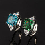 Multicolor Ice Flower Cut Square CZ Adjustable Ring, Blue & Green 12*12mm 8A Main Cubic Zirconia, Two Heart Side CZ, Dainty Luxe - FITINY Jewelry
