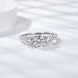 Side profile of moissanite ring highlighting geometric band structure and stone setting depth