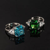Multicolor Ice Flower Cut Square CZ Adjustable Ring, Blue & Green 12*12mm 8A Main Cubic Zirconia, Two Heart Side CZ, Dainty Luxe - FITINY Jewelry