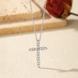 Sterling Silver Cross Pendant Necklace with Sparkling Moissa - On Model View - FITINY