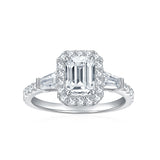 Front view of FITINY emerald-cut moissanite ring on white background