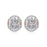 Multicolor Ice Flower Cut Oval CZ Stud Earrings, 7*9mm 8A Cubic Zirconia, S925 Silver Needle, Two-Tone Pave CZ Halo, Dainty Luxe - FITINY Jewelry