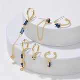 6 Pieces Long Tassel Vintage Earring Set with Micro-Pavé Dazzling Blue Zircons, 18k Gold Plated Ear Studs & Ear Drops, S925 Needle, Stacked Lobe Designs with Dazzling Zirconia - FITINY Jewelry