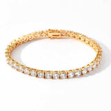 18K gold plated cubic zirconia tennis chain bracelet round product photo on white background, single row of round cut CZ stones, iced out hip hop bling bracelet for men and women