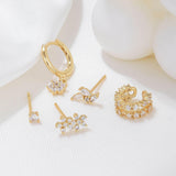 5 Pieces Floral & Geometric Zirconia Earring Set, 18k Gold Plated Studs, Drops & Hoops, S925 Needle, Stacked Lobe Designs with Dazzling Zirconia - FITINY Jewelry