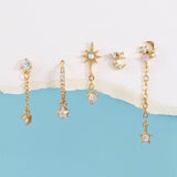 5 Pieces Eight-Pointed Star Earrings Set, 18k Gold Plated Ear Studs & Ear Drops, Stacked Lobe Design with Dazzling Zircon Stones - FITINY Jewelry