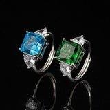 Multicolor Ice Flower Cut Square CZ Adjustable Ring, Blue & Green 10*10mm 8A Main Cubic Zirconia, Two Heart Side CZ, Dainty Luxe - FITINY Jewelry