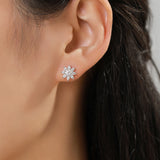 Close-up of moissanite stones reflecting light on sterling silver floral base