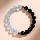 Geometric Black Obsidian & Aquamarine Bracelet in Sterling S - On Model View - FITINY
