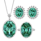 Nest Cut Para Green Oval CZ Halo Jewelry Set, 5A Cubic Zirconia, White Gold Necklace, Earrings, Adjustable Ring, Dainty Luxe - FITINY Jewelry