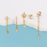 5 Pieces Eight-Pointed Star Earrings Set, 18k Gold Plated Ear Studs & Ear Drops, Stacked Lobe Design with Dazzling Zircon Stones - FITINY Jewelry