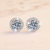 S925 Sakura Pink Moissanite Halo Stud Earrings, Sterling Silver D-Grade VVS Round-Cut Certificated Moissanite Jewelry for Men & Women, Simple & Stylish Gift for Wedding, Birthday, Anniversary - FITINY Jewelry