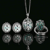 Nest Cut Para Green Oval CZ Halo Jewelry Set, 5A Cubic Zirconia, White Gold Necklace, Earrings, Adjustable Ring, Dainty Luxe - FITINY Jewelry