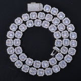 Front view of geometric square-cut zirconia necklace on white background