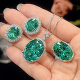 Nest Cut Para Green Oval CZ Halo Jewelry Set, 5A Cubic Zirconia, White Gold Necklace, Earrings, Adjustable Ring, Dainty Luxe - FITINY Jewelry