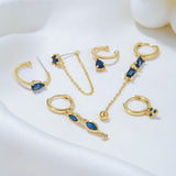 6 Pieces Long Tassel Vintage Earring Set with Micro-Pavé Dazzling Blue Zircons, 18k Gold Plated Ear Studs & Ear Drops, S925 Needle, Stacked Lobe Designs with Dazzling Zirconia - FITINY Jewelry