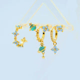 Multi Sets of Blue Flower Pierced Earrings, 4-6pcs, 18k Gold Plated Stud Drop Hoop Huggie Cuff Chain, S925 Needle, Stacked Lobe Designs with Dazzling Zirconia - FITINY Jewelry