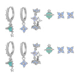 6 Pieces Blue Flower Pierced Earring Set with Zircon, 18k Gold Plated Ear Studs and Ear Drops, Women's Fashion Jewelry for Party Daily Stacked Lobe Earrings - FITINY Jewelry