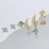 Multi Sets of Blue Flower Pierced Earrings, 4-6pcs, 18k Gold Plated Stud Drop Hoop Huggie Cuff Chain, S925 Needle, Stacked Lobe Designs with Dazzling Zirconia - FITINY Jewelry