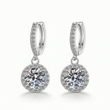 Moissanite halo drop earrings S925 sterling silver — pave huggie hoop, D-color VVS, white background