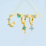 6 Pieces Blue Flower Pierced Earring Set with Zircon, 18k Gold Plated Ear Studs and Ear Drops, Women's Fashion Jewelry for Party Daily Stacked Lobe Earrings - FITINY Jewelry