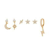 6 Pieces Starry Lightning Earring Set,18k Gold Plated Stud Drop Hoop, S925 Needle, Stacked Lobe Designs with Dazzling Zirconia - FITINY Jewelry