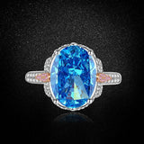 Multicolor Ice Flower Cut Oval CZ Adjustable Ring, Blue & Green 10*14mm 8A Cubic Zirconia, Two-Tone Pave CZ Band, Dainty Luxe - FITINY Jewelry