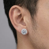Magnetic moissanite halo stud earring worn on a man's ear — close-up detail