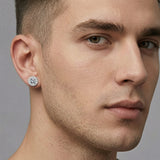 Man wearing petite magnetic moissanite halo stud earring — editorial portrait