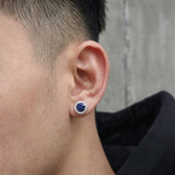 Close-up of Multicolor Crystal Cluster Magnetic Round Halo Stud Earrings on ear