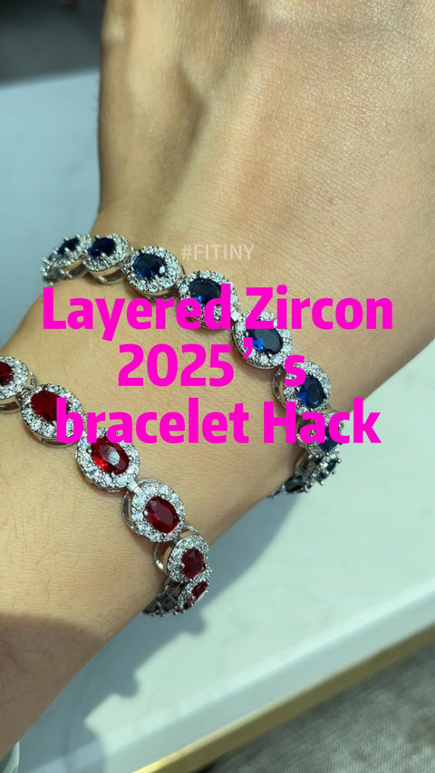 Blue and Red CZ Halo Tennis Bracelet on Hand