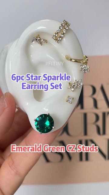 Emerald Green CZ Studs on a 6pc Star Earring Set