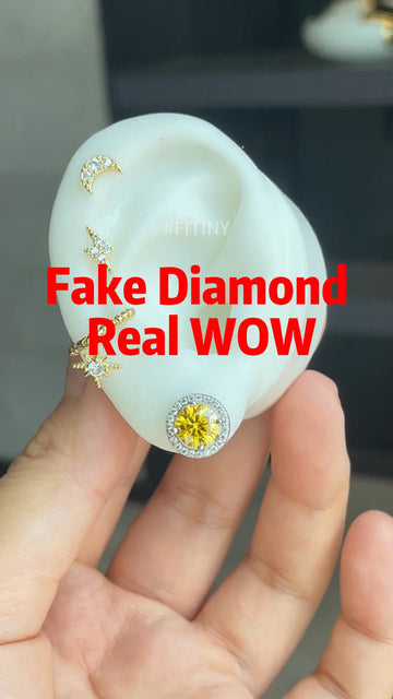 Yellow Moissanite Halo Stud Shown on Ear Display