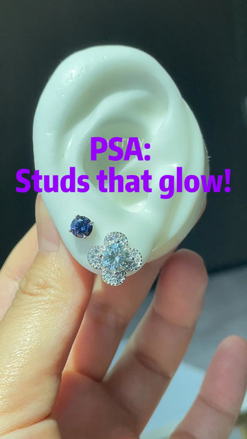 S925 Moissanite Clover Studs on Ear, Blue Accent