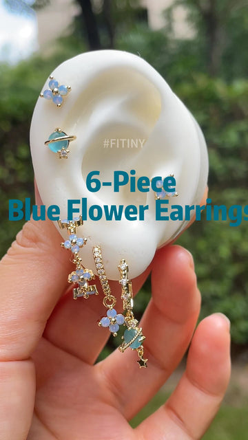 Blue Flower 6-Piece Earring Set Shown on an Ear Display