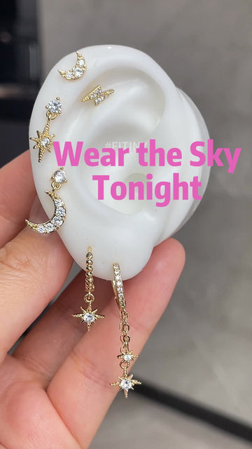 Gold Celestial Moon and Star Earring Set Close-Up