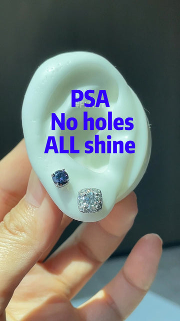 Blue and Clear Magnetic Moissanite Studs on Ear Display